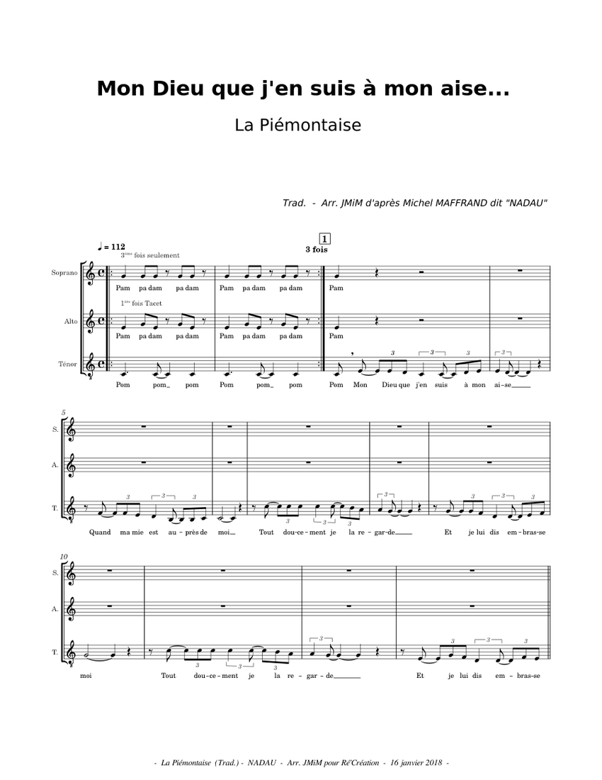 Mon Dieu que jen suis à mon aise - NADAU Sheet music for Soprano, Alto, Tenor (SATB) | Musescore.com Mon Dieu que jen suis à... 
