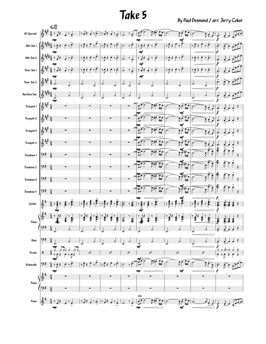 Take 5 Sheet music for Piano, Trombone, in bflat, Saxophone