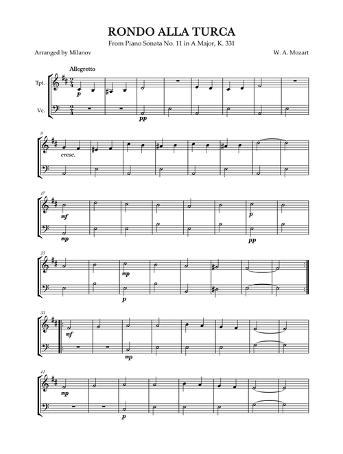 Rondo Alla Turca | Mozart | trumpet and cello duet | easy beginner (Arr. Milanov) - W A Mozart (Instrumental Duet)