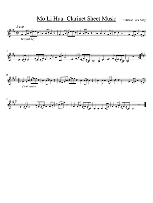 Mo Li Hua- Clarinet Sheet Music