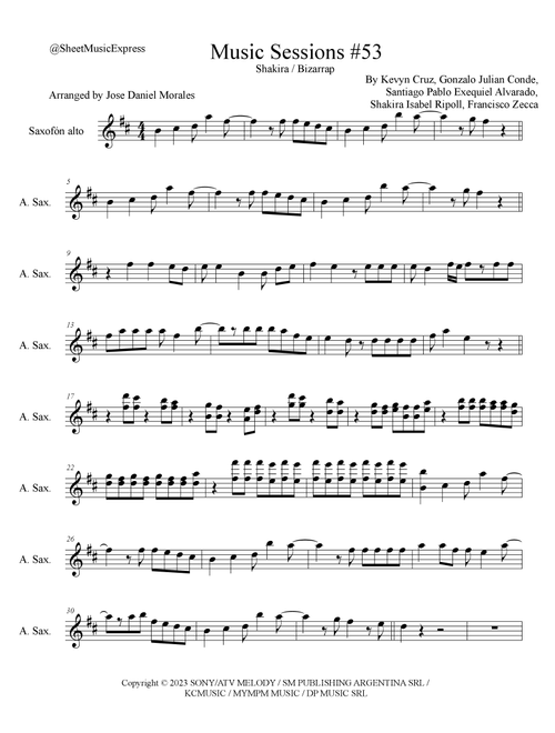 Shakira: Bzrp Music Sessions Vol. 53 (Arr. Sheet Music Express) - Shakira / Bizarrap (Alto Sax Solo)