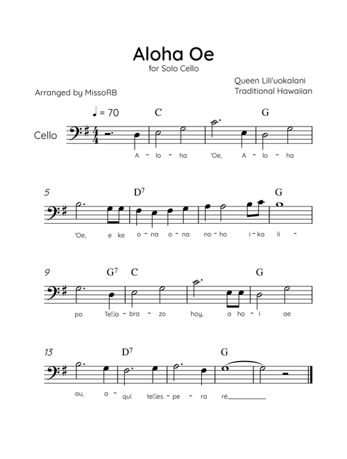 Aloha Oe - Solo Cello in G Major Easy With Lyrics & Chords (Arr. MissoRB) - Queen Liliʻuokalani (Cello Solo)