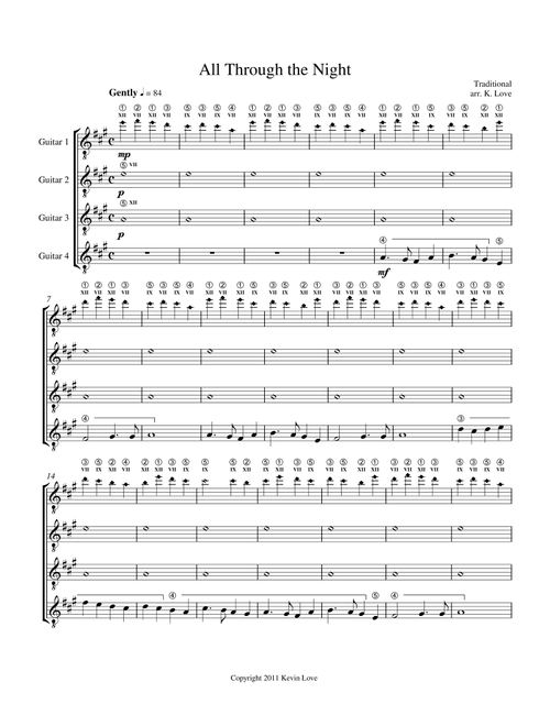All Through the Night (Guitar Quartet) - Score and Parts (Arr. Kevin Love) - Traditional (Guitar Ensemble)