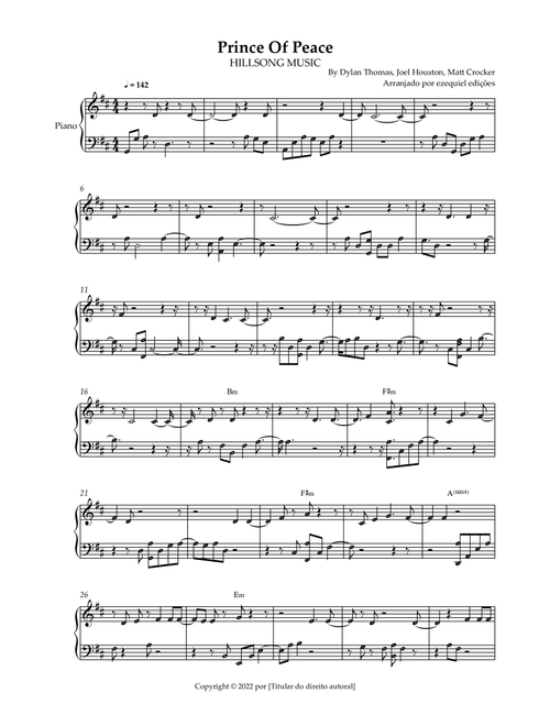 Prince Of Peace (Arr. BY EZEQUIEL EDIÇÕES) - Matt Crocker, Joel Houston, Dylan Thomas (Easy Piano)