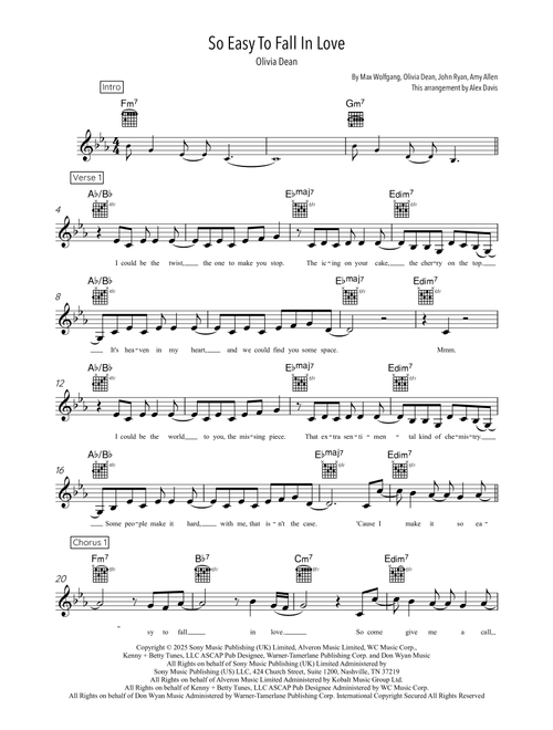 So Easy (To Fall In Love) (Arr. Alex Davis) - Olivia Dean (Guitar Chords-Lyrics)