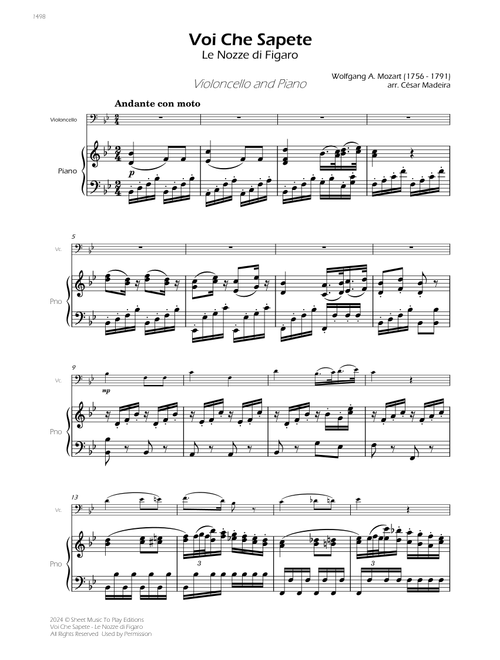 Voi Che Sapete from Le Nozze di Figaro - Cello and Piano (Full Score) (Arr. César Madeira) - Wolfgang Amadeus Mozart (Cello and Piano)