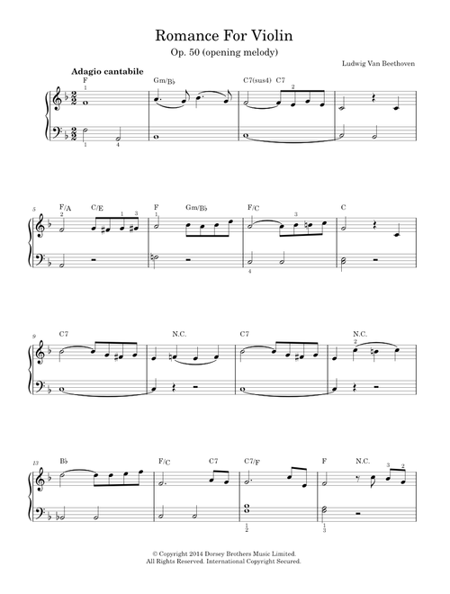 Romance For Violin And Orchestra, No.2 In F Major, Op.50 - Ludwig van Beethoven (Easy Piano)