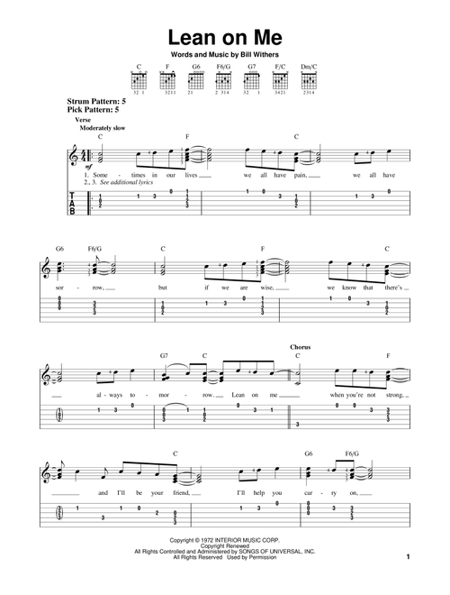 Lean On Me - Bill Withers (Easy Guitar with TAB)