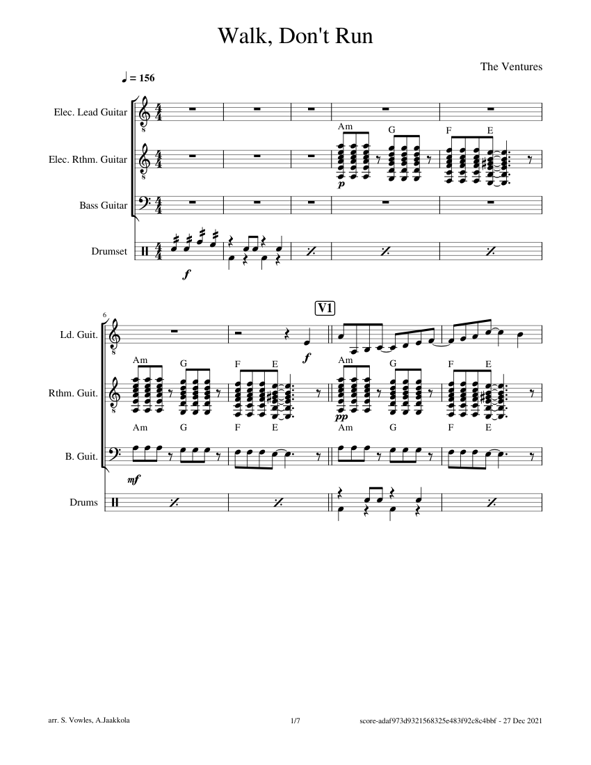 Walk, Don't Run (Ventures) Sheet Music with Chords for Guitar, Bass ...