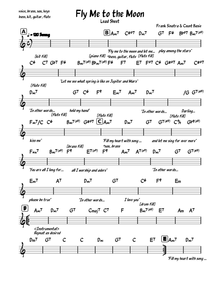 Fly Me to the Moon Sheet Music with Chords for Piano (Jazz Band