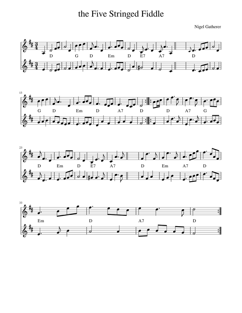 Nigel Gatherer - the Five Stringed Fiddle Sheet Music with Chords for ...