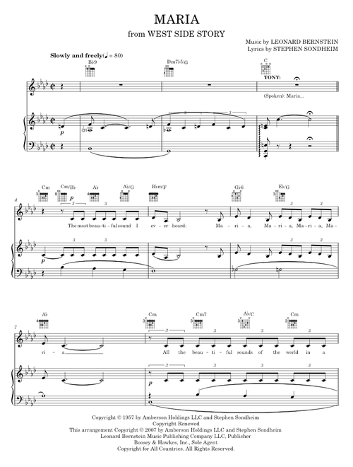 Maria (from West Side Story) - Leonard Bernstein, Stephen Sondheim, West Side Story Musical (Piano-Vocal-Guitar)