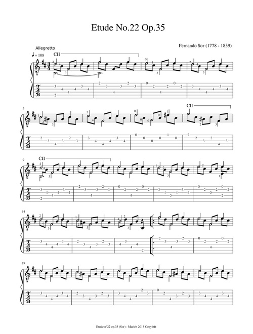 Etude No.22 Op.35 - Fernando Sor (1778 - 1839) Tablature