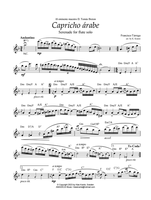 Capricho árabe for flute solo (+guitar chords) (Arr. K. Krantz) - Francisco Tárrega (Flute Solo)
