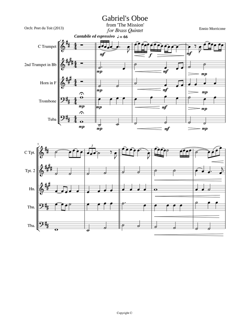 Gabriel's Oboe from The Mission Ennio Morricone (Brass Quintet) Sheet