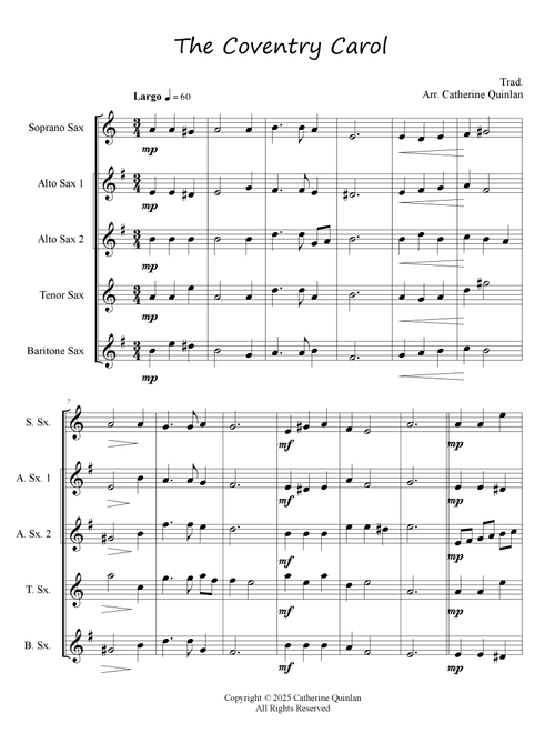 The Coventry Carol (Arr. Catherine Quinlan) (Woodwind Ensemble)