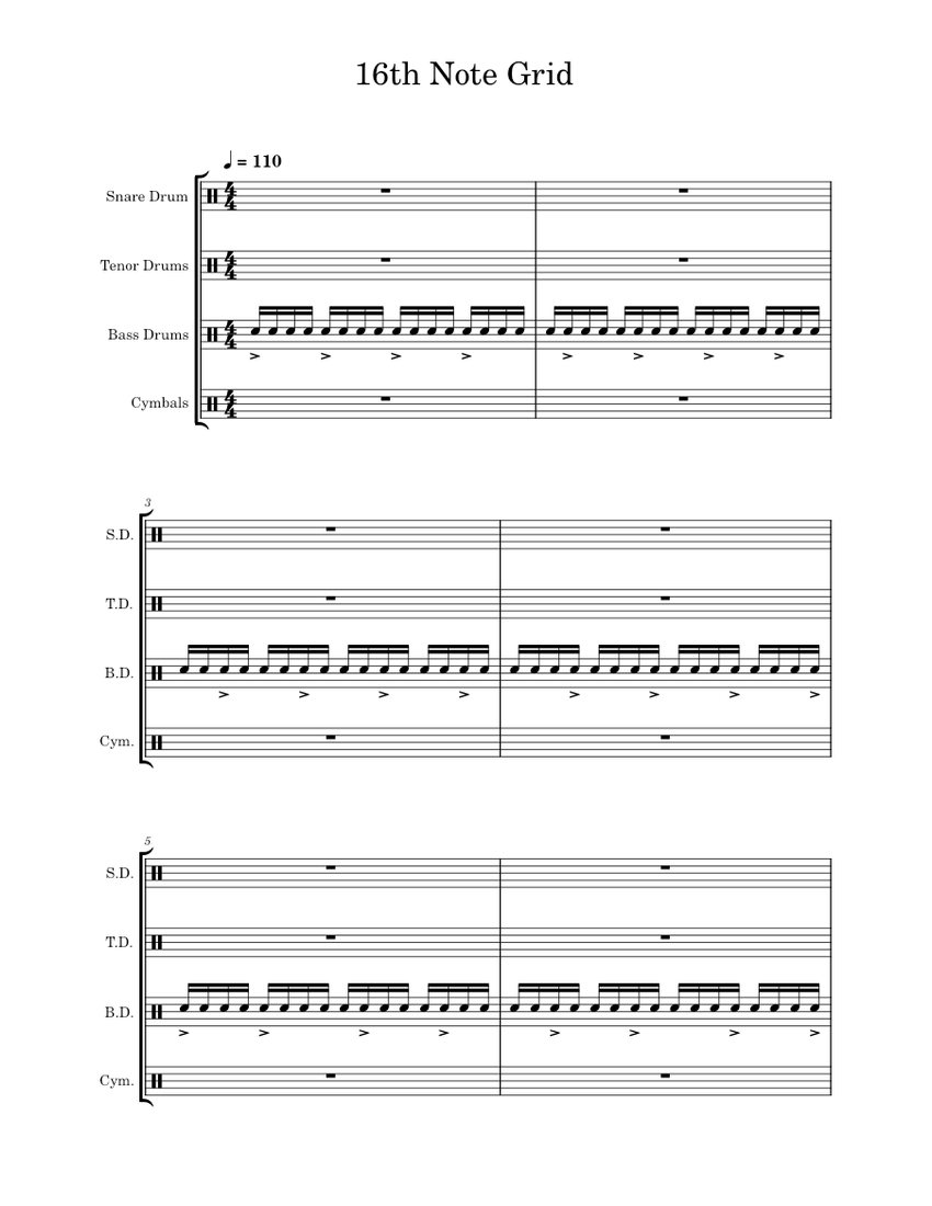 16th Note Grid Sheet Music For Snare Drum Crash Tenor Drum Bass Drum Mixed Quartet 