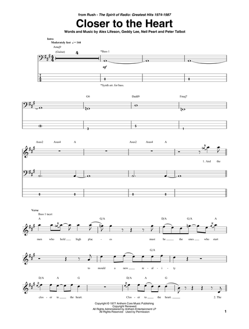 Closer To The Heart - Rush (Bass Tab)