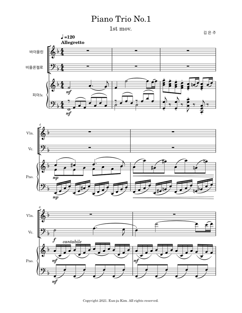 Piano Trio No.1_1mov. by Eunju Kim Sheet music for Piano, Violin, Cello