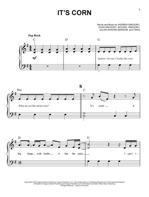 It's Corn (feat. Tariq) - The Gregory Brothers (Easy Piano)