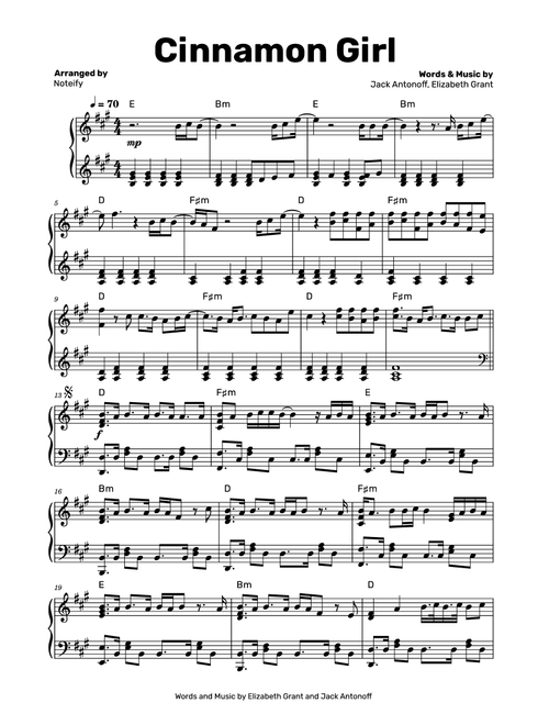 Cinnamon Girl (Arr. Noteify) - Elizabeth Grant, Jack Antonoff (Piano Solo)