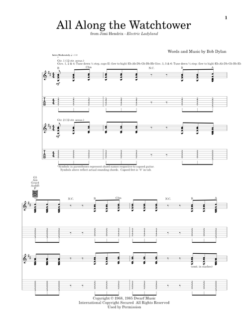 All Along The Watchtower - Jimi Hendrix, U2, Bob Dylan (Guitar Tab)