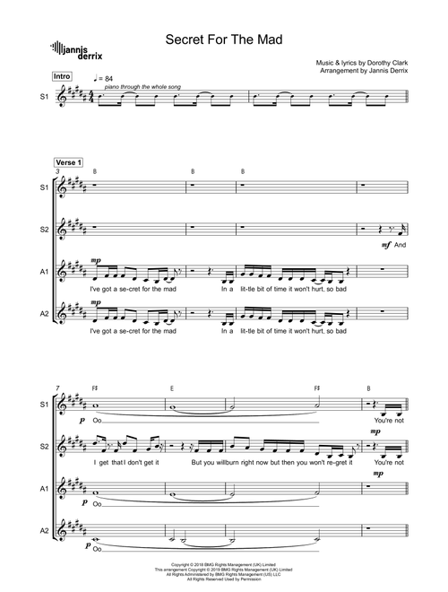 Secret For The Mad (Arr. Jannis Derrix) - Dodie Clark (Choral, SATB divisi)