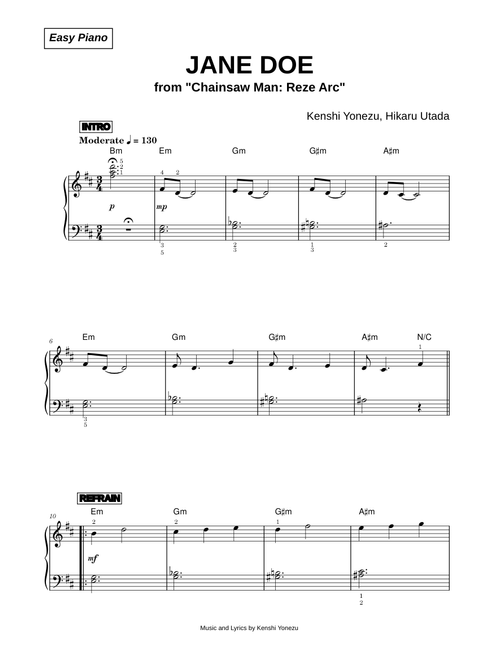 JANE DOE [from Chainsaw Man: Reze Arc] - Kenshi Yonezu (米津 玄師), Hikaru Utada (Easy Piano)