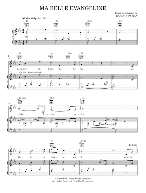 Ma Belle Evangeline - Jim Cummings, Randy Newman, The Princess And The Frog Movie (Piano-Vocal-Guitar)
