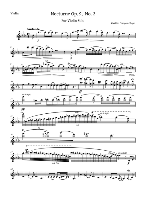 Chopin - Nocturne Op.9 No.2 - for Violin Solo (Arr. poon) - Frédéric François Chopin (Violin Solo)