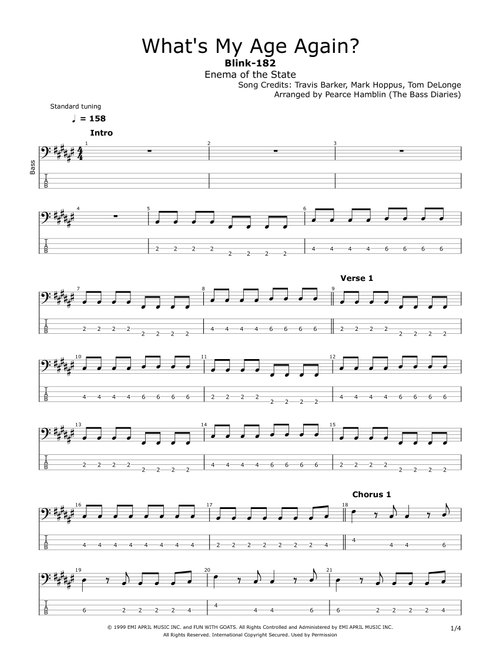 What's My Age Again? (Arr. The Bass Diaries) - Blink 182 (Bass Tab)