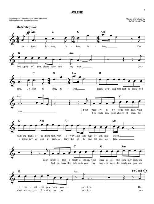 Jolene - Dolly Parton (Easy Lead Sheet - Fake Book)