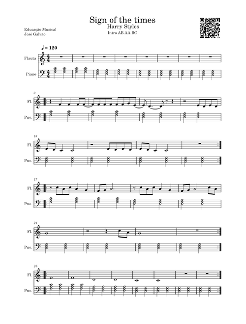 Sign of the Times – Harry Styles - Partitura para Piano e Flauta - Educação Musical - José Galvão