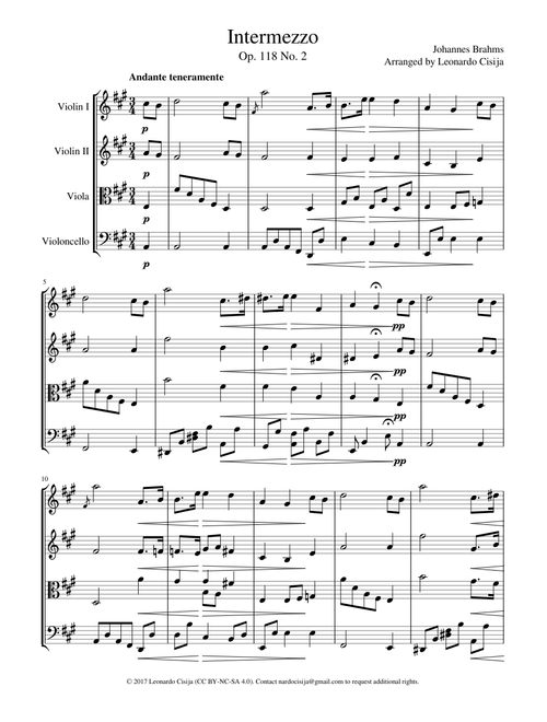 Brahms – Intermezzo Op. 118 No. 2 (A Major) [String Quartet Arrangement]
