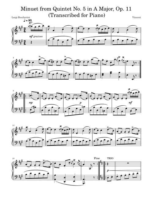 Boccerhini - Minuet from Quintet No. 5 in A Major, Op. 11 (Transcribed for Piano)