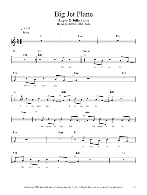 Big Jet Plane (Arr. Douglas Becker) - Angus & Julia Stone (Piano-Vocal-Guitar (Piano Accompaniment))
