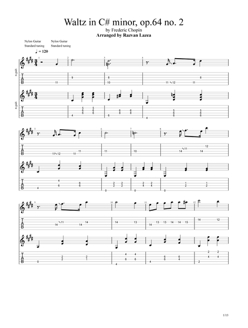 Frederic Chopin - Waltz in C# minor, op. 64 no. 2 - Guitar Duet (Arr. Razvan Lazea) (Guitar Tab)