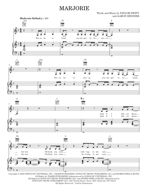 Marjorie - Bon Iver, Taylor Swift (Piano-Vocal-Guitar)