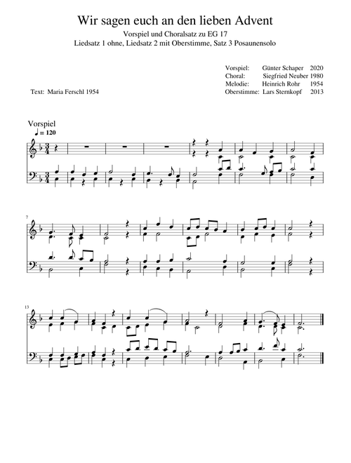 Wir sagen euch an den lieben Advent - Vorspiel Choral und Oberstimme