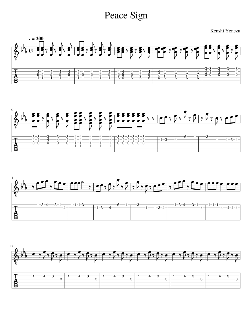 Peace Sign Sheet Music and Tab for Guitar (Mixed Quartet