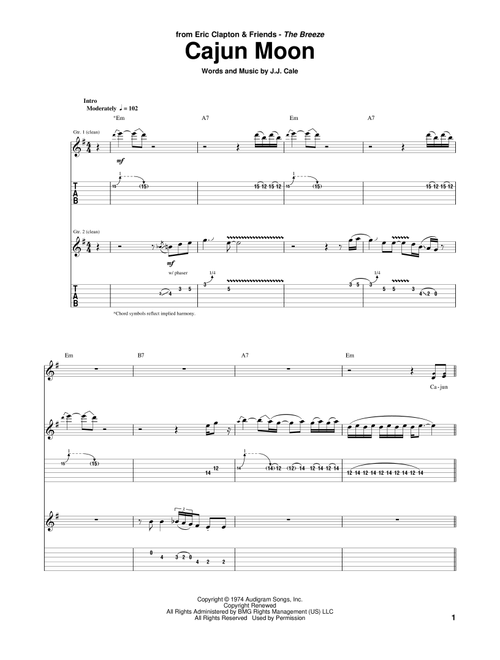 Cajun Moon - Eric Clapton, JJ Cale (Guitar Tab)