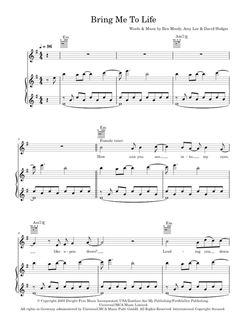 Bring Me To Life - Evanescence (Piano-Vocal-Guitar (Piano Accompaniment))