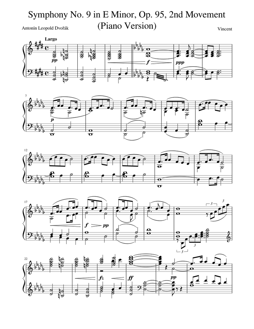 Dvorak - New World Symphony (Piano Version) Sheet Music for Piano