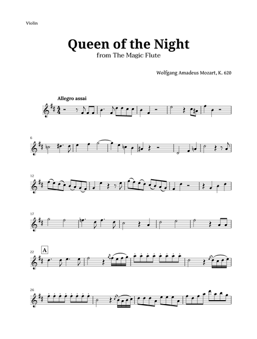 Queen of the Night by Mozart for Violin Solo (Arr. Langanho) (Violin Solo)