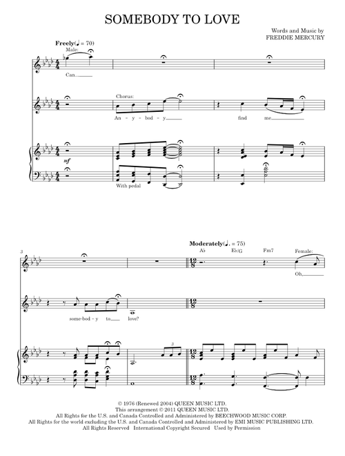 Somebody To Love (Vocal Duet) - Glee TV Series, Glee Cast, Queen (Piano Vocal)