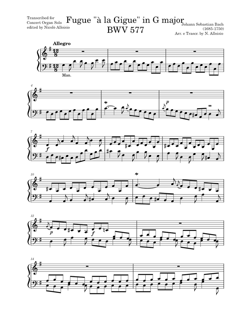 Fugue (à la Gigue) in G major, BWV 577, J.S. Bach Sheet Music for