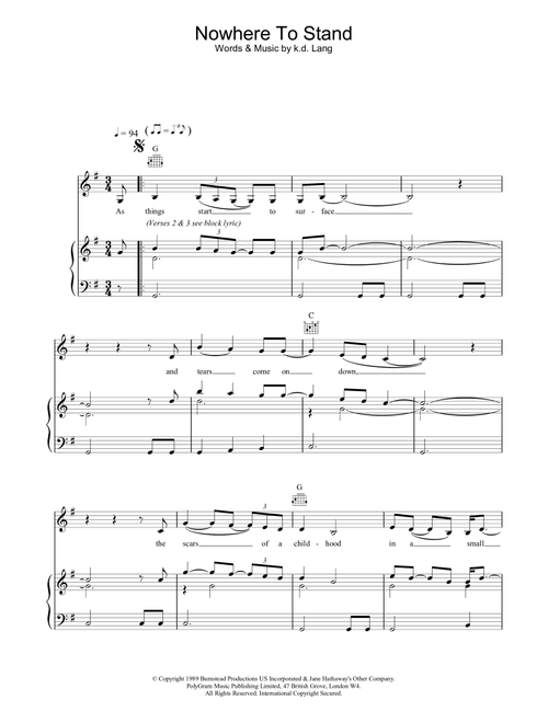 Nowhere To Stand - kd lang (Piano-Vocal-Guitar (Piano Accompaniment))