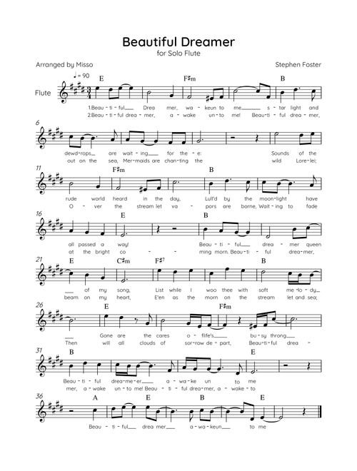 Beautiful Dreamer - Solo Flute in E major Easy - Lyrics & Chords (Version Tom Roush) (Arr. Misso) (Flute Solo)