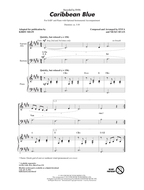 Caribbean Blue (Arr. Kirby Shaw) - Enya (Choral, SAB)