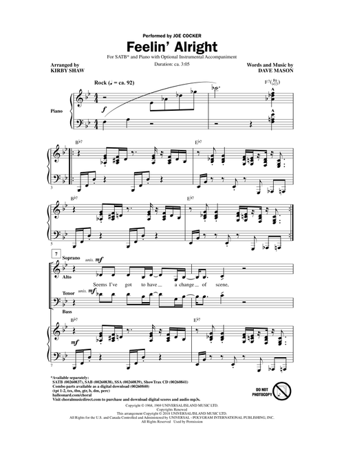 Feelin' Alright (arr. Kirby Shaw) - Joe Cocker, Traffic (Choral, SATB)